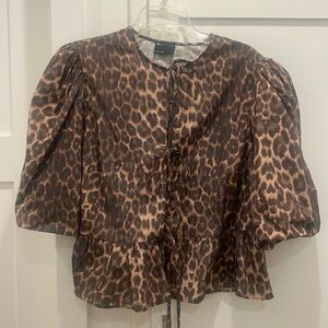 ASOS tie leopard blouse with puff sleeves
